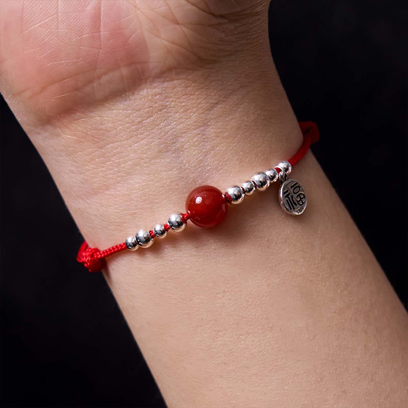 Mythstone Handmade 925 Sterling Silver Fu Character Red Agate Fortune Braided Ultra-Thin Rope Bracelet