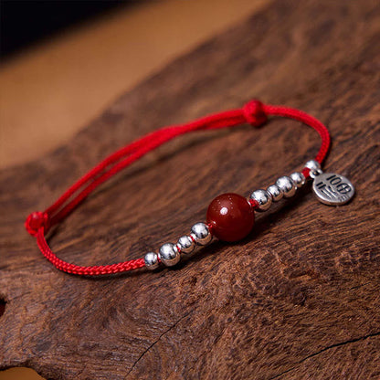 Mythstone Handmade 925 Sterling Silver Fu Character Red Agate Fortune Braided Ultra-Thin Rope Bracelet