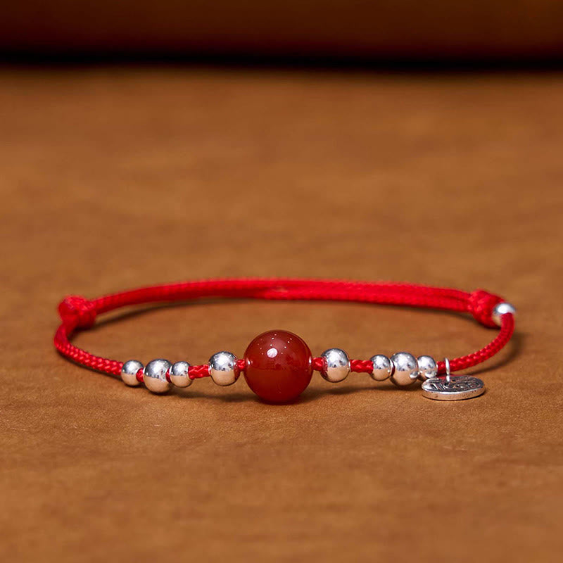 Mythstone Handmade 925 Sterling Silver Fu Character Red Agate Fortune Braided Ultra-Thin Rope Bracelet