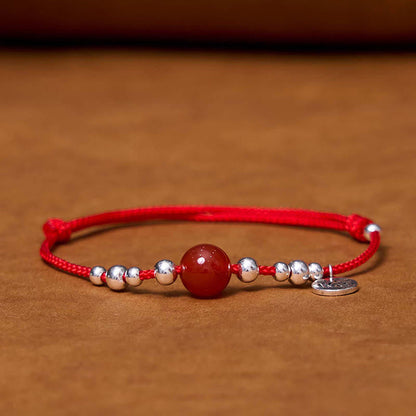 Mythstone Handmade 925 Sterling Silver Fu Character Red Agate Fortune Braided Ultra-Thin Rope Bracelet