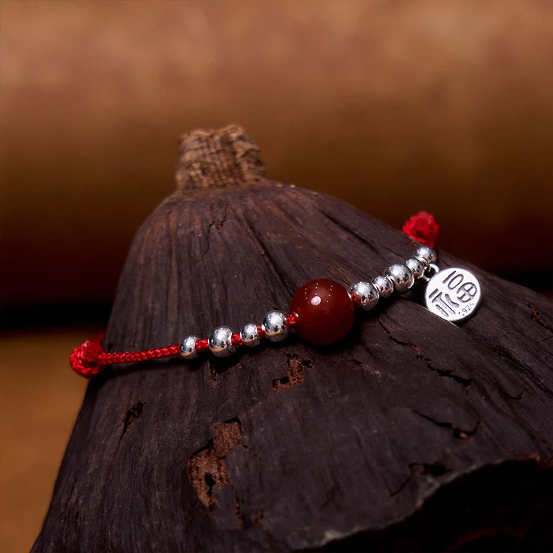 Mythstone Handmade 925 Sterling Silver Fu Character Red Agate Fortune Braided Ultra-Thin Rope Bracelet