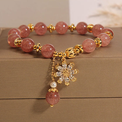 Mythstone Natural Strawberry Quartz Crystal Chrysanthemum Pearl Positive Bracelet