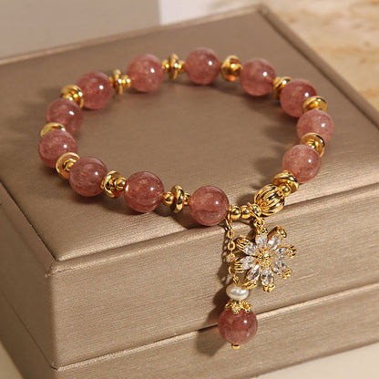 Mythstone Natural Strawberry Quartz Crystal Chrysanthemum Pearl Positive Bracelet