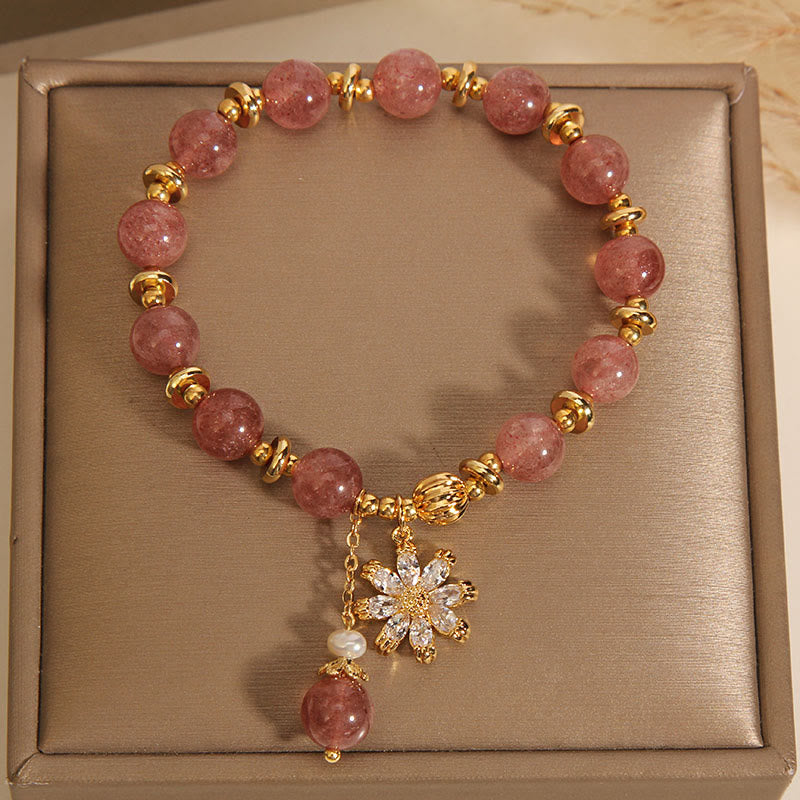 Mythstone Natural Strawberry Quartz Crystal Chrysanthemum Pearl Positive Bracelet