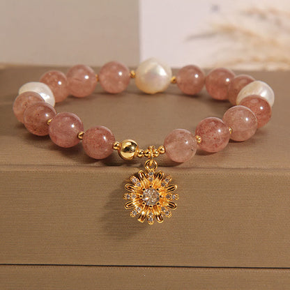 Mythstone Natural Strawberry Quartz Crystal Chrysanthemum Pearl Positive Bracelet