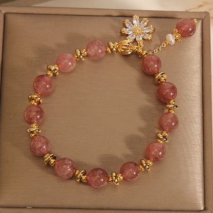 Mythstone Natural Strawberry Quartz Crystal Chrysanthemum Pearl Positive Bracelet