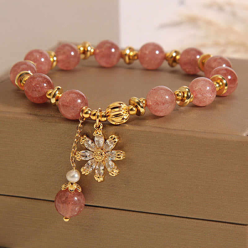 Mythstone Natural Strawberry Quartz Crystal Chrysanthemum Pearl Positive Bracelet