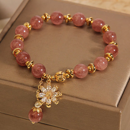 Mythstone Natural Strawberry Quartz Crystal Chrysanthemum Pearl Positive Bracelet