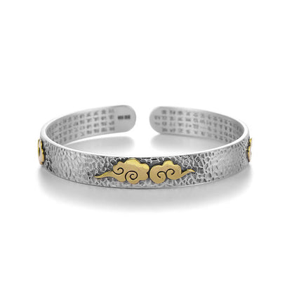 Mythstone Retro 999 Sterling Silver Heart Sutra Auspicious Cloud Wealth Cuff Bracelet Bangle