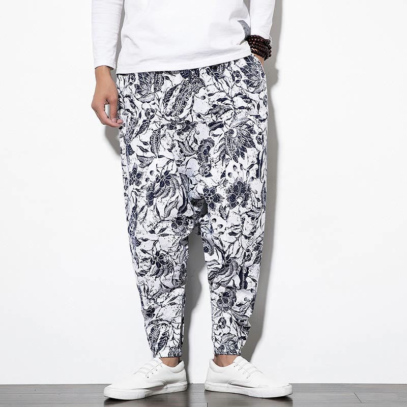 Pantalones harén largos de algodón con estampado de hojas de parra y bolsillos para hombre de Mythstone 