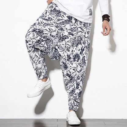 Pantalones harén largos de algodón con estampado de hojas de parra y bolsillos para hombre de Mythstone 