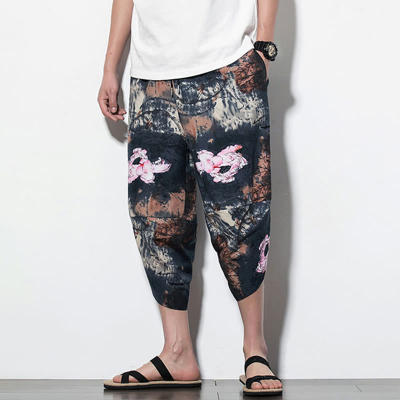 Pantalones harén largos de algodón con bolsillos y estampado de tinta de loto rosa de Mythstone para hombre 