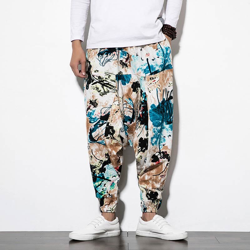 Pantalones harén largos de algodón con bolsillos para hombre con estampado de flores, hojas, marrón y azul de Mythstone 