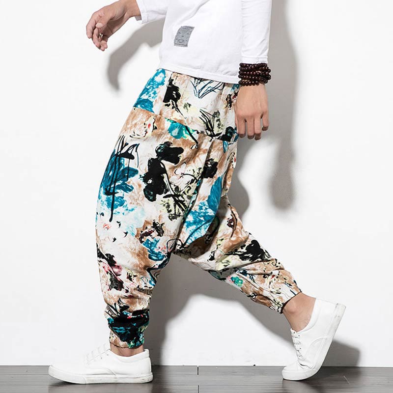 Pantalones harén largos de algodón con bolsillos para hombre con estampado de flores, hojas, marrón y azul de Mythstone 