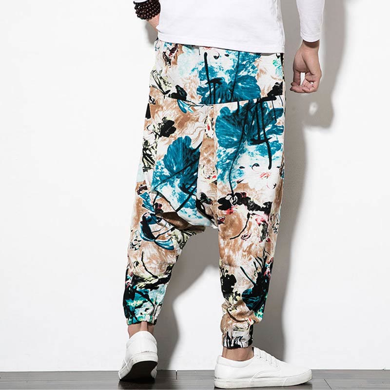 Pantalones harén largos de algodón con bolsillos para hombre con estampado de flores, hojas, marrón y azul de Mythstone 