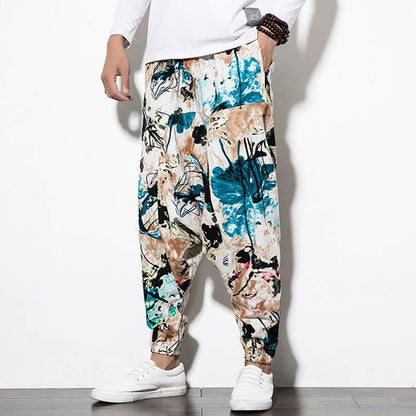 Pantalones harén largos de algodón con bolsillos para hombre con estampado de flores, hojas, marrón y azul de Mythstone 