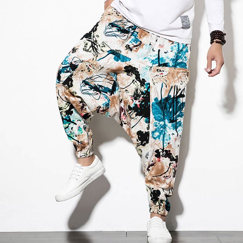 Pantalones harén largos de algodón con bolsillos para hombre con estampado de flores, hojas, marrón y azul de Mythstone 