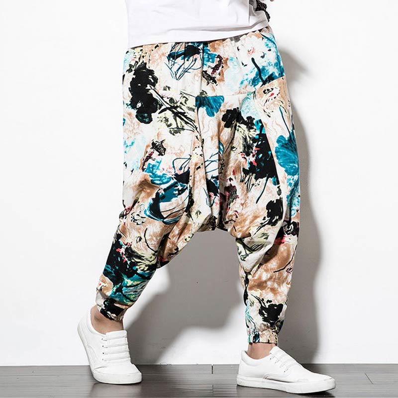 Pantalones harén largos de algodón con bolsillos para hombre con estampado de flores, hojas, marrón y azul de Mythstone 