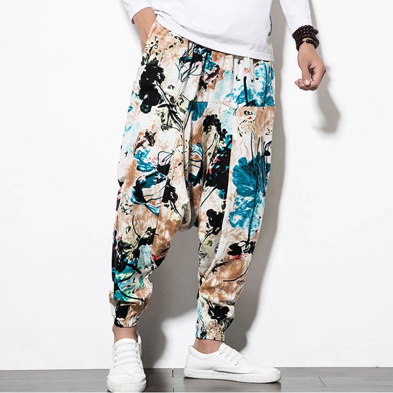 Pantalones harén largos de algodón con bolsillos para hombre con estampado de flores, hojas, marrón y azul de Mythstone 