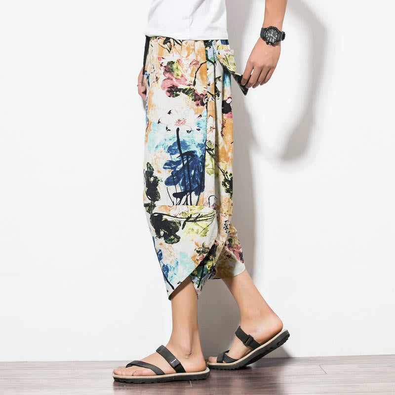 Pantalones harén largos de algodón con bolsillos para hombre con estampado de flores, hojas, marrón y azul de Mythstone 