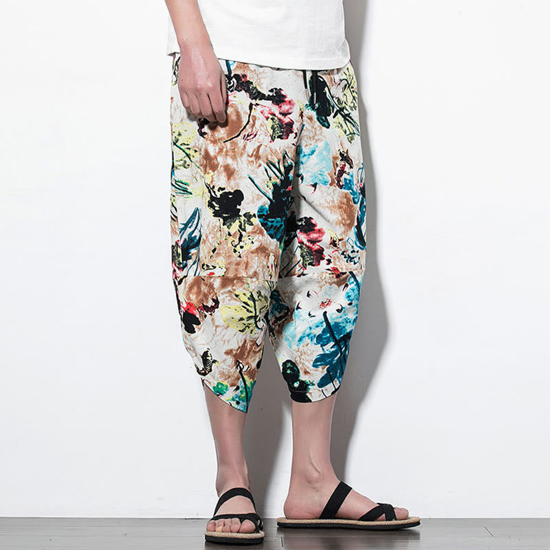 Pantalones harén largos de algodón con bolsillos para hombre con estampado de flores, hojas, marrón y azul de Mythstone 