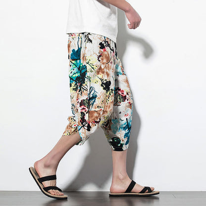 Pantalones harén largos de algodón con bolsillos para hombre con estampado de flores, hojas, marrón y azul de Mythstone 