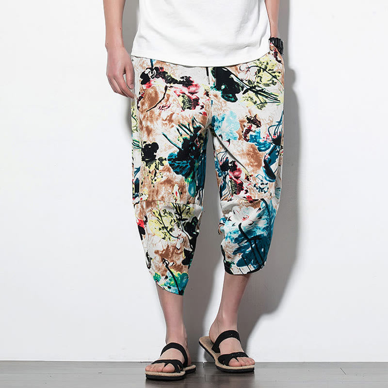 Pantalones harén largos de algodón con bolsillos para hombre con estampado de flores, hojas, marrón y azul de Mythstone 