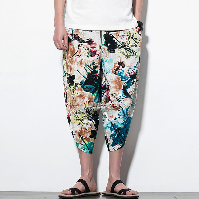 Pantalones harén largos de algodón con bolsillos para hombre con estampado de flores, hojas, marrón y azul de Mythstone 