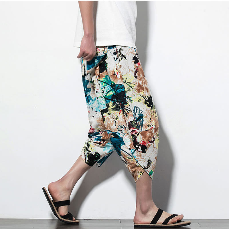 Pantalones harén largos de algodón con bolsillos para hombre con estampado de flores, hojas, marrón y azul de Mythstone 