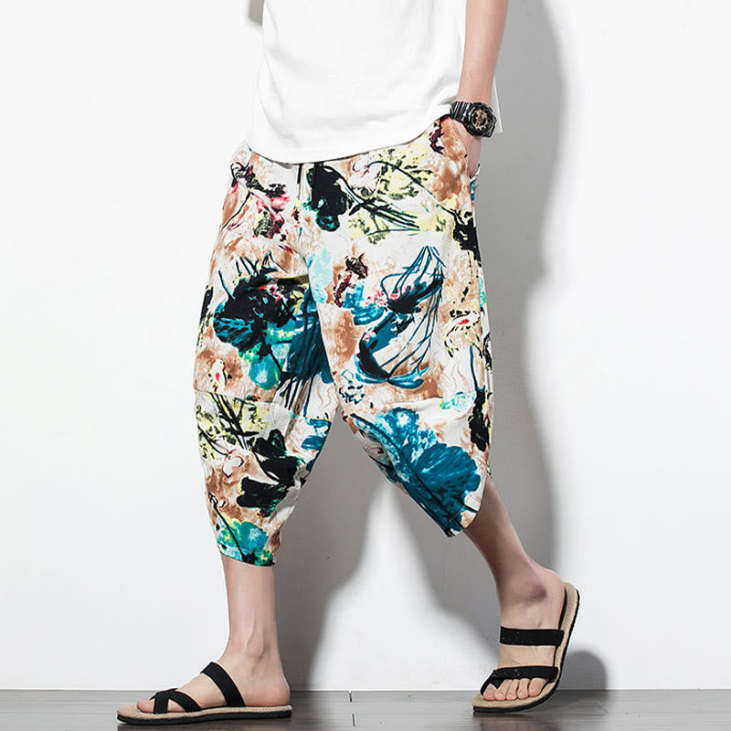 Pantalones harén largos de algodón con bolsillos para hombre con estampado de flores, hojas, marrón y azul de Mythstone 