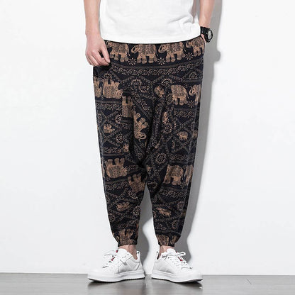 Mythstone Elephant Brown Black Print Cotton Men's Long Cropped Harem Pants With Pockets