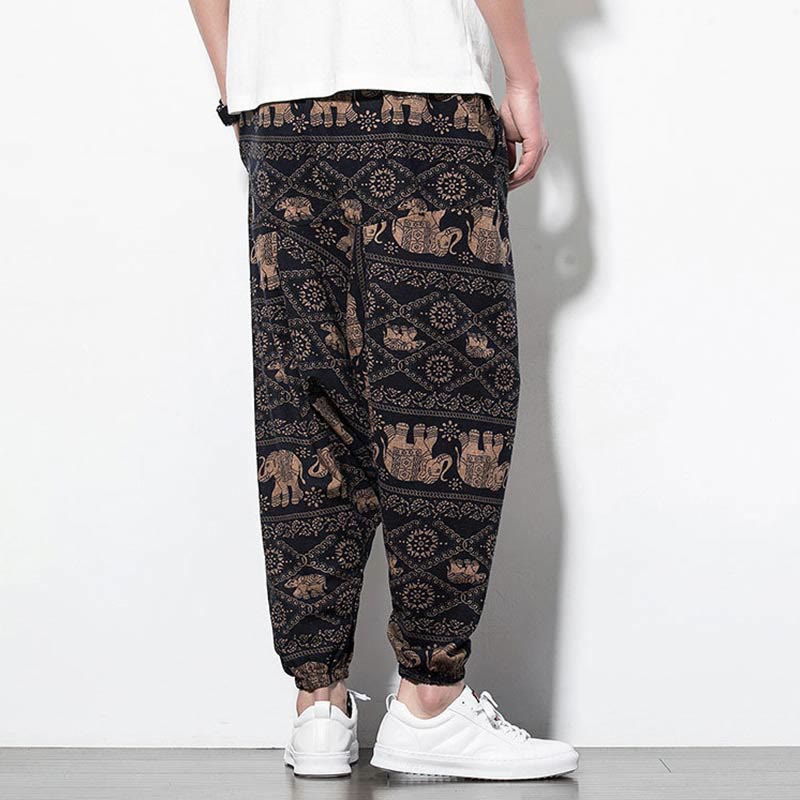 Mythstone Elephant Brown Black Print Cotton Men's Long Cropped Harem Pants With Pockets