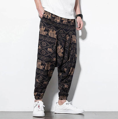 Mythstone Elephant Brown Black Print Cotton Men's Long Cropped Harem Pants With Pockets