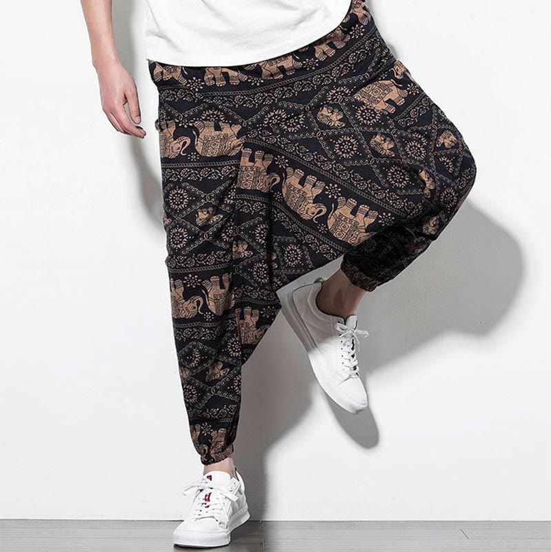 Mythstone Elephant Brown Black Print Cotton Men's Long Cropped Harem Pants With Pockets