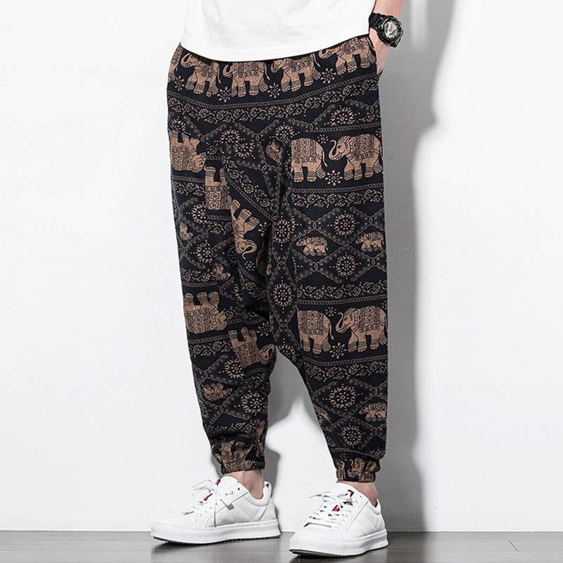 Mythstone Elephant Brown Black Print Cotton Men's Long Cropped Harem Pants With Pockets