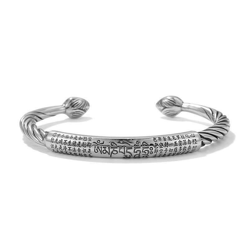 Mythstone 999 Sterling Silver Six True Words Heart Sutra Braided Design Lotus Protection Bracelet Bangle