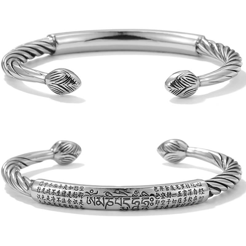 Mythstone 999 Sterling Silver Six True Words Heart Sutra Braided Design Lotus Protection Bracelet Bangle