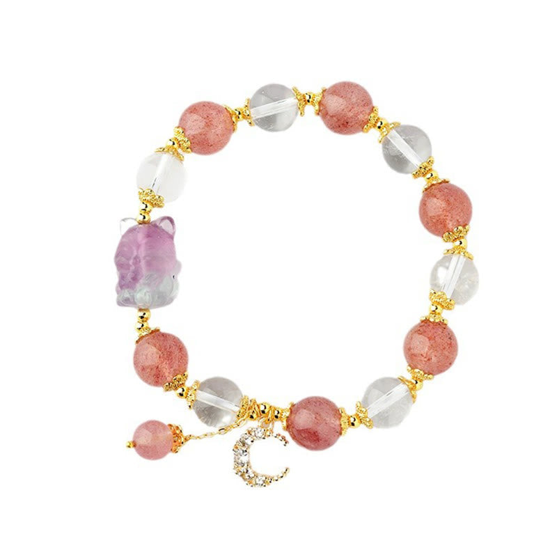 Mythstone Natural White Strawberry Quartz Crystal Healing Love Nine-tailed Fox  Moon Pendant Bracelet