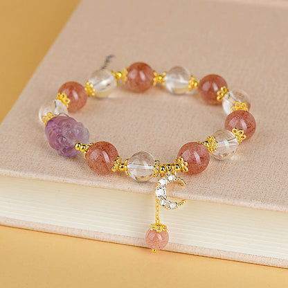 Mythstone Natural White Strawberry Quartz Crystal Healing Love Nine-tailed Fox  Moon Pendant Bracelet