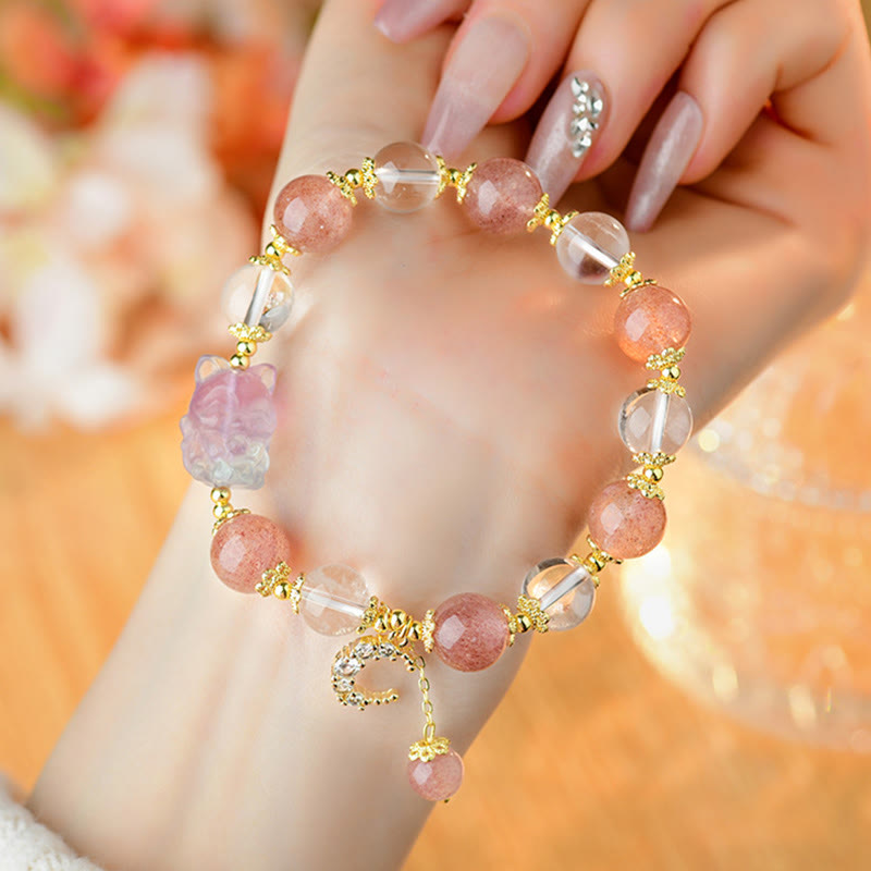 Mythstone Natural White Strawberry Quartz Crystal Healing Love Nine-tailed Fox  Moon Pendant Bracelet