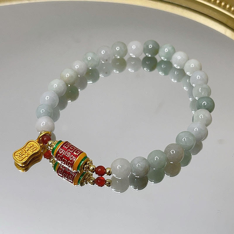 Mythstone Tibetan Natural Jade Fu Character Prayer Wheel Prosperity Abundance Bracelet