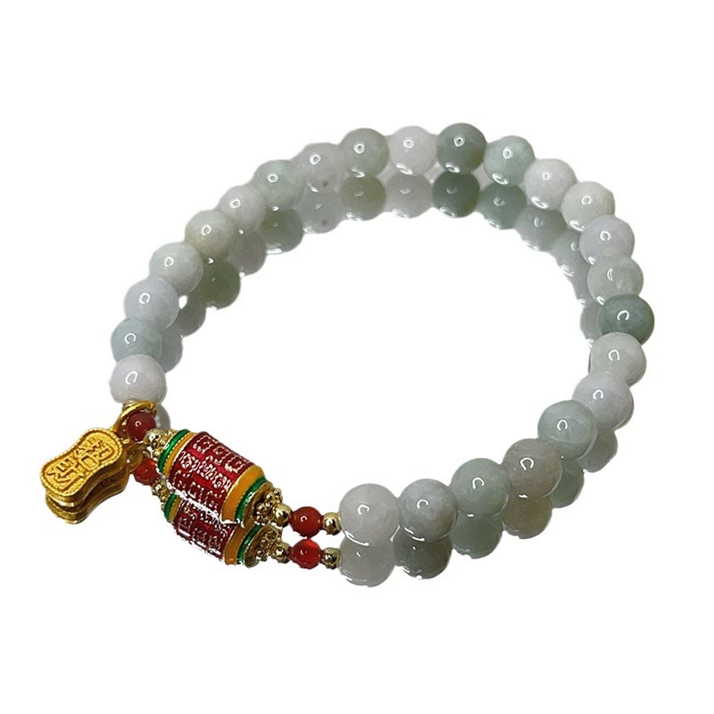 Mythstone Tibetan Natural Jade Fu Character Prayer Wheel Prosperity Abundance Bracelet