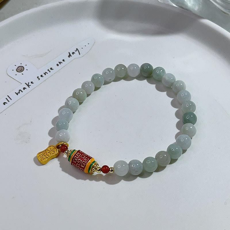 Mythstone Tibetan Natural Jade Fu Character Prayer Wheel Prosperity Abundance Bracelet