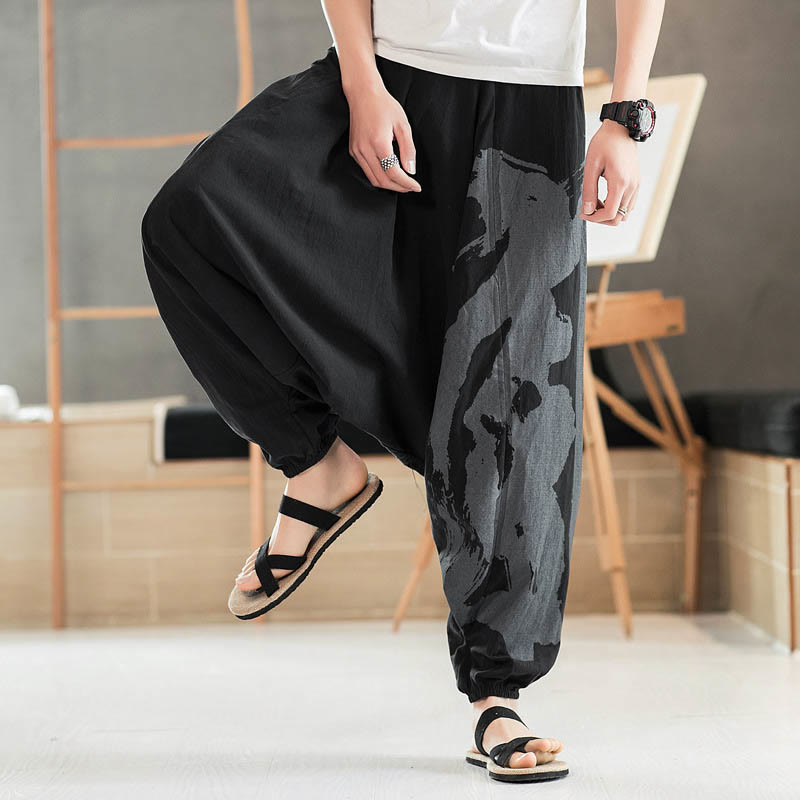 Pantalones harén de algodón con bolsillos para hombre con caligrafía de verano sencilla de Mythstone 