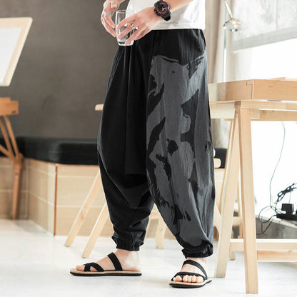 Pantalones harén de algodón con bolsillos para hombre con caligrafía de verano sencilla de Mythstone 