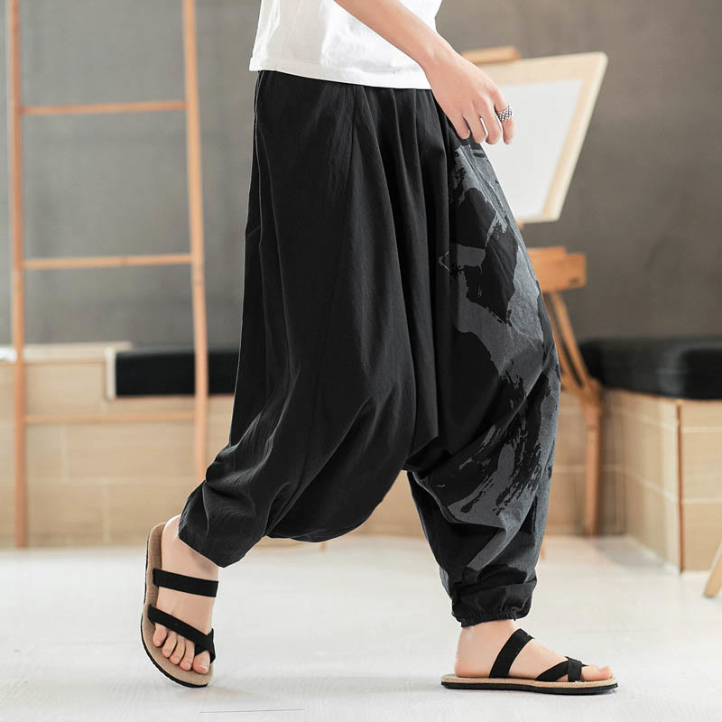 Pantalones harén de algodón con bolsillos para hombre con caligrafía de verano sencilla de Mythstone 