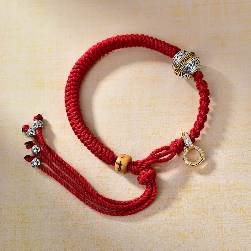 Pulsera de la suerte con hilo trenzado rojo de la diosa de la riqueza Tara Zakiram de plata verde tibetana Thangka Mythstone