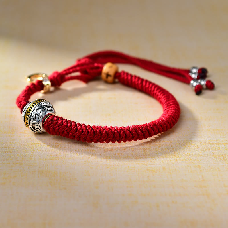 Pulsera de la suerte con hilo trenzado rojo de la diosa de la riqueza Tara Zakiram de plata verde tibetana Thangka Mythstone