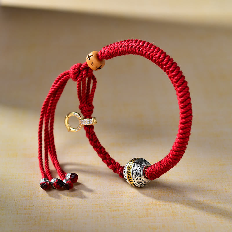 Pulsera de la suerte con hilo trenzado rojo de la diosa de la riqueza Tara Zakiram de plata verde tibetana Thangka Mythstone