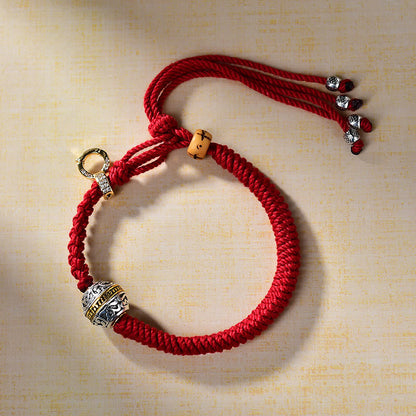 Pulsera de la suerte con hilo trenzado rojo de la diosa de la riqueza Tara Zakiram de plata verde tibetana Thangka Mythstone